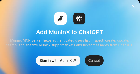 ChatGPT screen for adding the MuninX app.