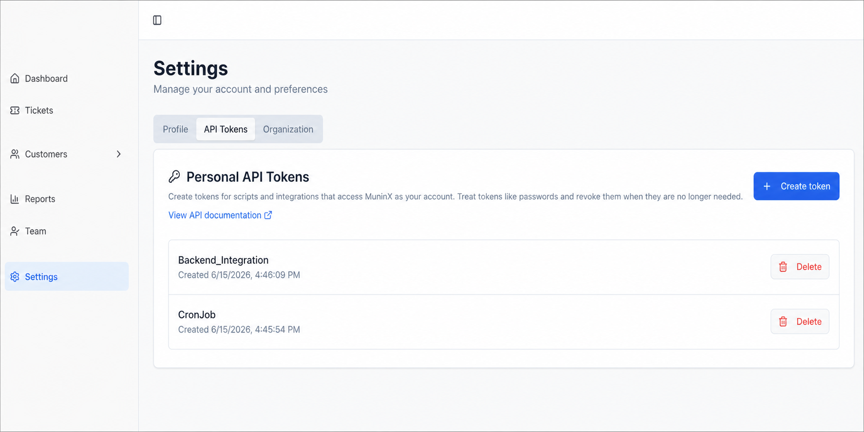 MuninX Settings page showing personal API tokens named Backend_Integration and CronJob, with controls to create and revoke tokens.